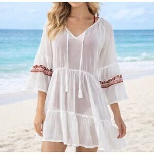 Raga women's White Flower Embroidered swim cover up size Small Nwt